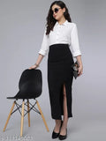 Black polyester solid pencil skirt with high slit, women's fashion clothing for sizes 26-34