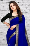 New blue party wear saree with golden border, chiffon pallu
