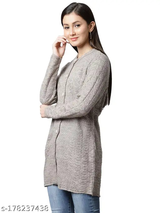 Beige acrylic embroidered net long-sleeved sweater by Perfect Line, women's size L (38in bust, 31in length, 15in shoulder) - versatile style for jeans, saree, or suit. Soft material for comfort all day. Made in India