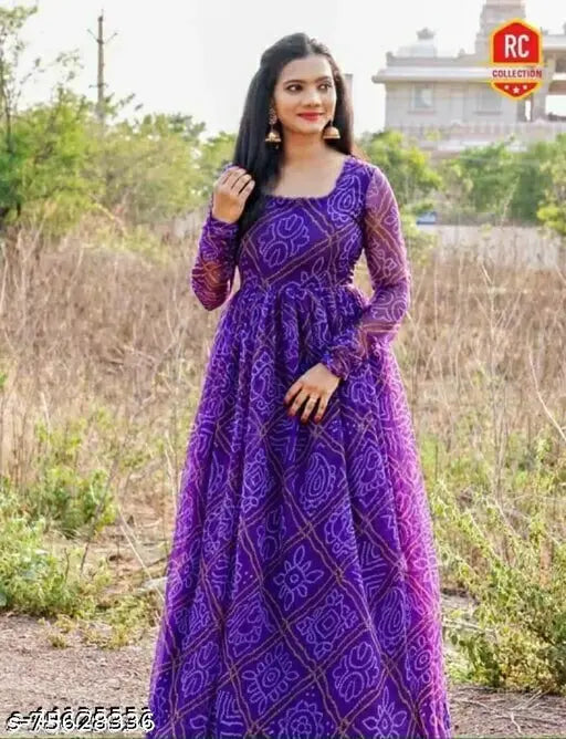 Women's blue bandhini style gown, long-sleeved printed Georgette dress in size S (36in bust, 52in length), Indian digital print on heavy fabric