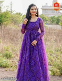 Women's blue bandhini style gown, long-sleeved printed Georgette dress in size S (36in bust, 52in length), Indian digital print on heavy fabric