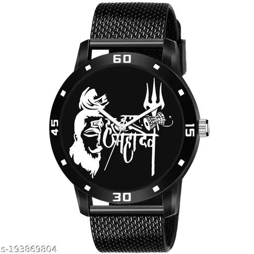 Black analog watch with exclusive design and unique brand logo, men's fashion accessory
