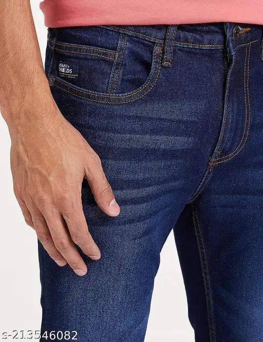 Dark blue denim jeans for men, MARKVIEW slim fit - ideal for both casual and formal styles. Color may vary due to lighting effects. Sizes available: 30 (waist 30in, length 39in) & 32 (waist 32in, length 39in). Made in India