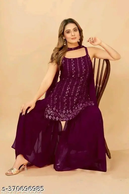 Sleeveless Georgette kurta set, embellished with multi-sequins work. Indian ethnic wear for women, single size S-XXL