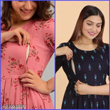 Rayon three-quarter sleeve maternity gown, trendy combo printed design with side zip, women's dress, available in M, L, XL, XXL (38in/48in, 40in/48in, 42in/48in, 44in/48in)