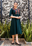 Dark green embroidered rayon anarkali kurti for women, traditional Indian women's fashion with three-quarter sleeves