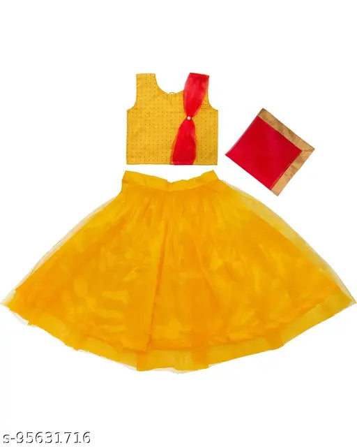 Taffeta silk and net Lehenga-Choli-Dupatta set for girls, sleeveless, floral stitch, Butta patch work, 9-12 months size