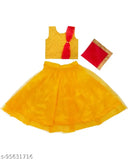 Taffeta silk and net Lehenga-Choli-Dupatta set for girls, sleeveless, floral stitch, Butta patch work, 9-12 months size