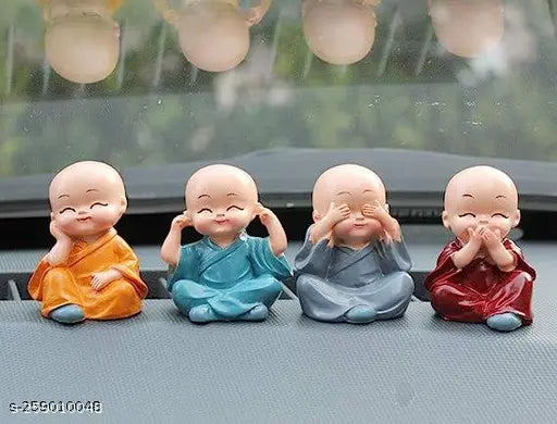 Handmade Indian Buddha Monk set, polyresin figurines for auto showpiece, 4-piece home decoration on display table