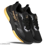 Black and yellow sports running shoes with logo for daily wear by women and girls