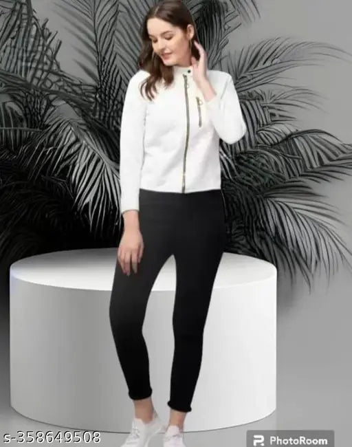 Warm white wool jacket for women/girls, solid pattern, long sleeves, stylish zippers