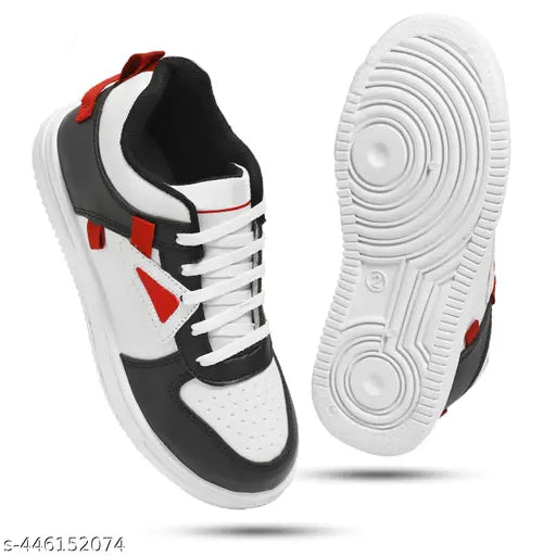 Black and red sports shoe with a white sole