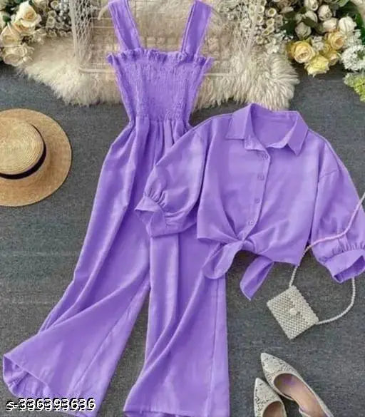 Trendy beautiful crepe two-piece set jumpsuit for women, stylish outfits for women and girls, Indian fabric stretching nicely