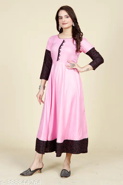Baby pink, long anarkali kameez with black polka dot border