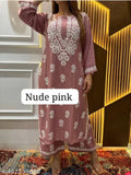 Rayon chikankari embroidery kurta with plazzo set, full-length three-quarter sleeves, printed net pattern, Indian handcrafted clothing on display stand