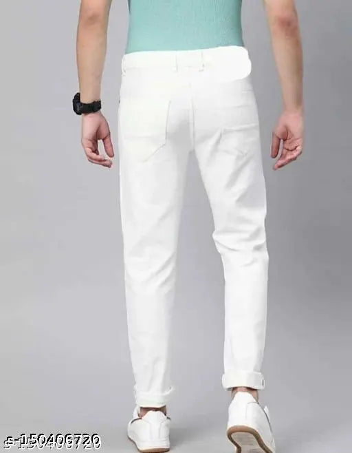 White denim Comfits knee-cut jeans for men, solid pattern, perfect fit for any occasion