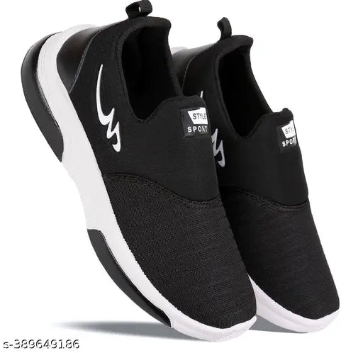 Black high vision running shoe with white laces and soles