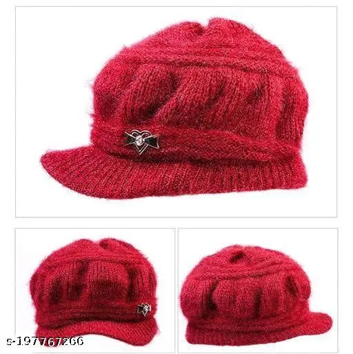 Red wool cap with small metal detail, knit winter hat for girls and women