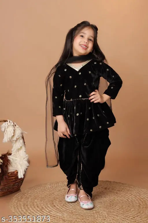 Grinning Velvet Dhoti Kurti Set with Duppata for Kids Girls, sequin embellished, India-made