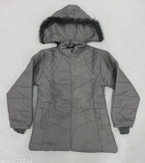 Grey puffer coat with fur hood