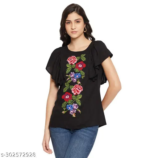 Black rayon embroidered top with printed net pattern, short sleeves on Indian-made women's clothing