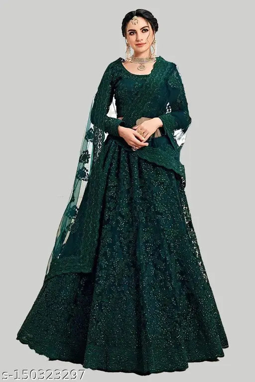 Embroidered net lehenga-choli set with dupatta, semi-stitched (waist 42in, length 42in), Indian craftsmanship