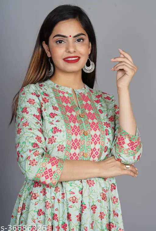 CGREEN rayon flared kurta, stylish printed women's anarkali with three-quarter sleeves