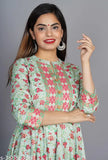 CGREEN rayon flared kurta, stylish printed women's anarkali with three-quarter sleeves