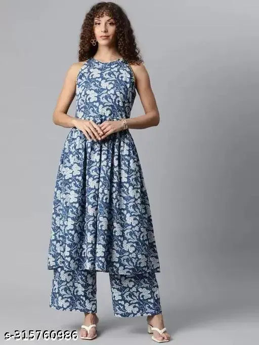 Viscose Rayon Women's Kurta & Palazzo Set, printed net, sleeveless, pack of 2 (S-XXL), India origin