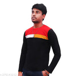 Black and red block full-sleeve polyester T-shirt for men, comfortable fit, classic style, versatile layering