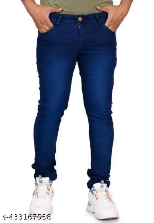 Designer LATEST blue denim jeans for men - poly knitted, solid fit, India-made (size 32)