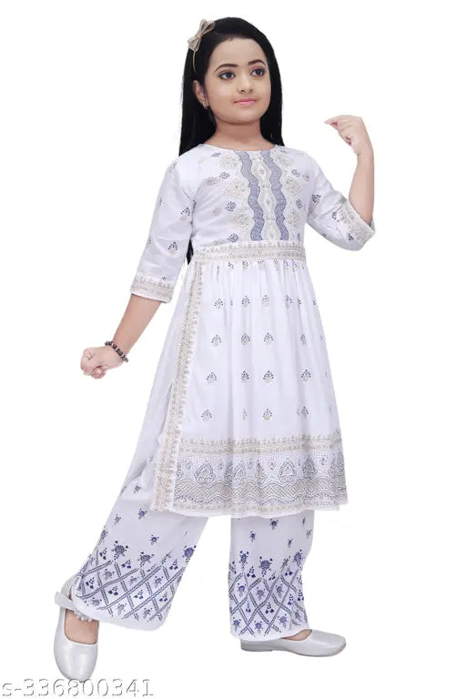 White rayon printed kid's Naira Cut Kurta set with palazzo bottoms, vibrant embroidery
