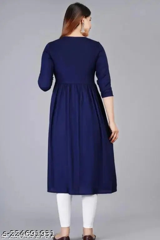 Blue rayon Anarkali embroidery kurti with three-quarter sleeves, size L for women's party wear from India
