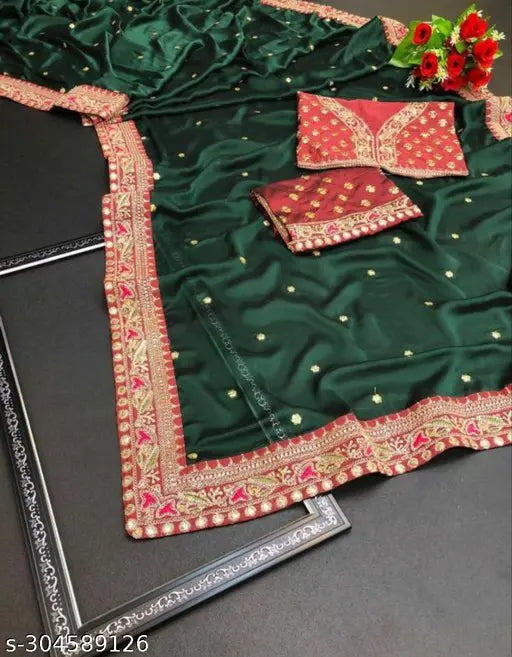 Soft Vichitra Silk saree, embroidered codding sequence work, Bollywood-inspired design, Indian women's fashion, crinkled surface, translucent quality