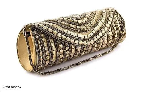 Glamorous beaded gold sequin clutch with a metallic closure, suitable for formal events and weddings