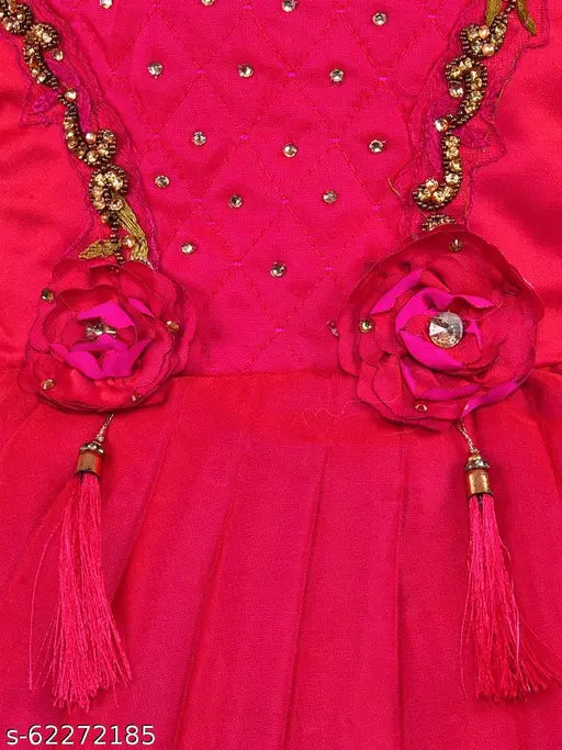 Pink satin frock dress for baby girls by Silver Kraft, embellished net design, sleeveless, 3-6 Months size