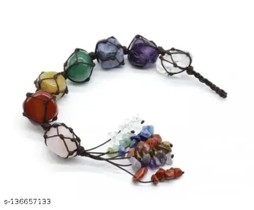 Natural 7 Chakra Tumble Hanging: Bohemian peace, tranquility with 7 healing crystals from India