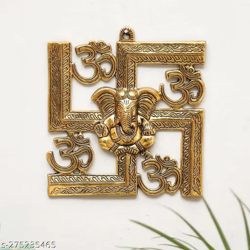 Metal gold Ganesha decorative showpiece, intricate Om Swastik wall hanging, Indian artisan crafted, dimensions: 22.5cm x 22cm x 3cm