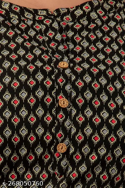 Plus size rayon top, three-quarter sleeves, printed net design. Vibrant, plus-size fashion wear from India