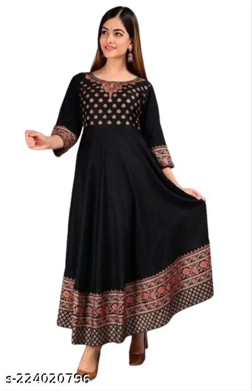Women's black rayon printed anarkali kurti, embroidery detailing, full-length style