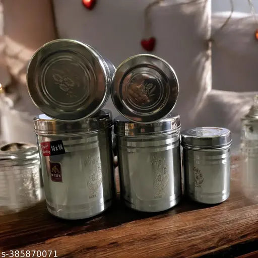 Stainless steel canisters, set of 5, 1-liter to 2-kilogram capacity, with laser etched designs, for kitchen storage