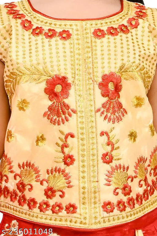 Yellow embroidered kids' top, red skirt, sequins, zari work, silk fabric.