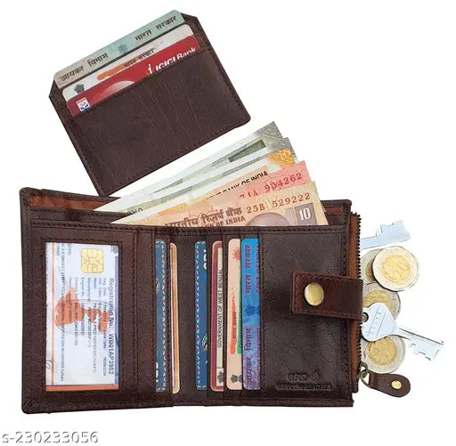Brown genuine leather RFID wallet, 5 compartments, textured pattern, elevate everyday carry