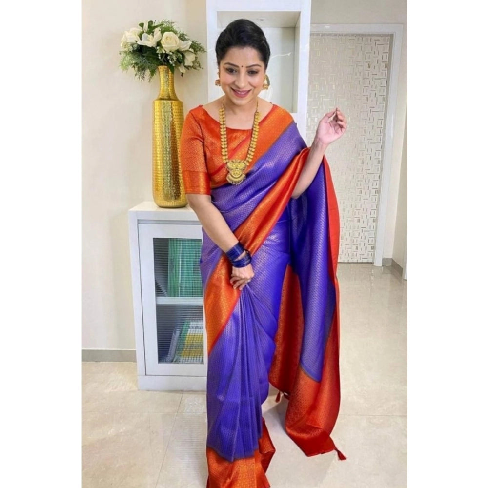 Blue soft lichi silk printed saree with unstitched blouse, luxurious Indian women's wear