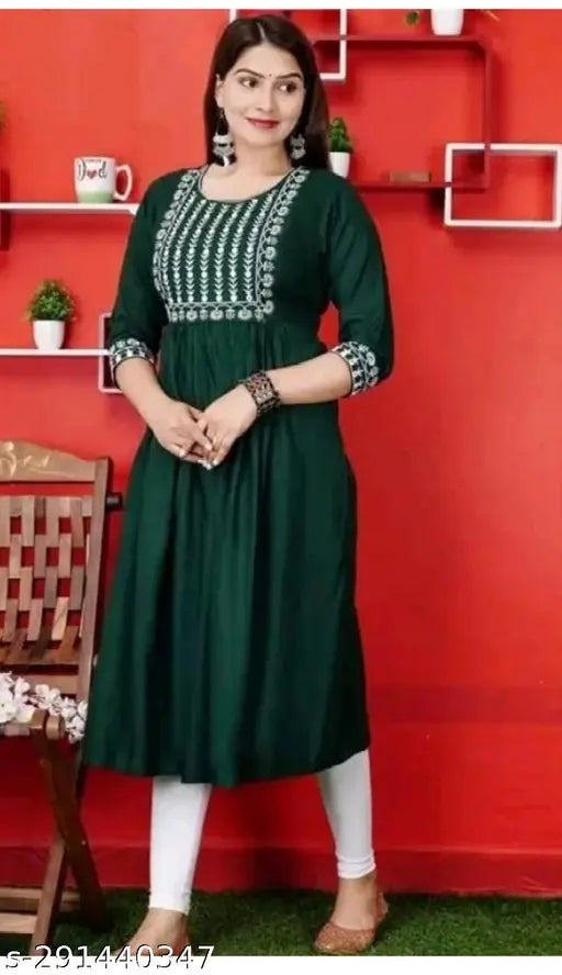 Rayon embroidered Anarkali Kurta in three-quarter sleeves, ideal for casual wear. Indian Rayon kurta with traditional embroidery and contemporary design