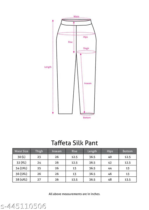 Women's silk party wear trousers. Gold satin fabric with elastic waistband, knee-length and no pockets