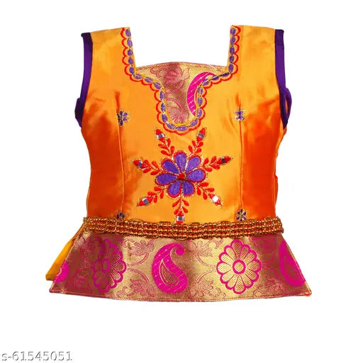 Indian Chanderi Silk Lehenga Choli/Pattu Pavadi, embroidered top with embellished lehenga and dupatta, short sleeves, 6-12 months size. Traditional South Indian ethnic wear from India