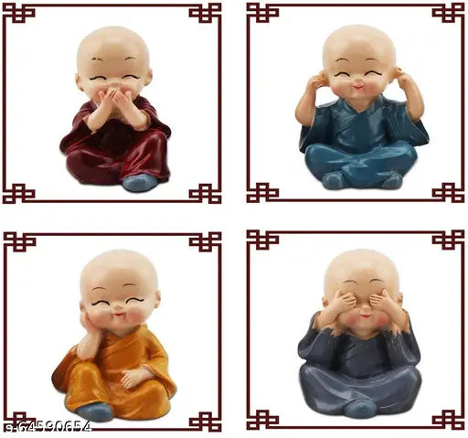 Colorful polyresin Buddha and monk figurines set (8 pieces) - perfect for home, office, Christmas, Diwali, Vaastu, Fengshui decoration. Measures approximately 4cm x 6cm x 3cm