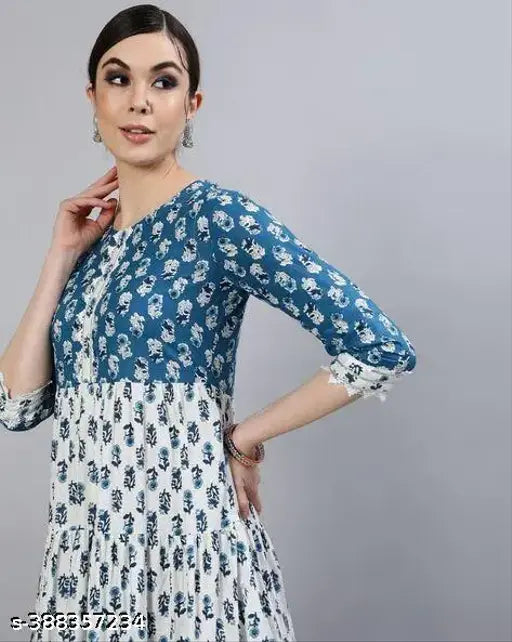 Pink and blue printed anarkali kameez, long sleeve, knee length