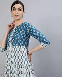 Pink and blue printed anarkali kameez, long sleeve, knee length